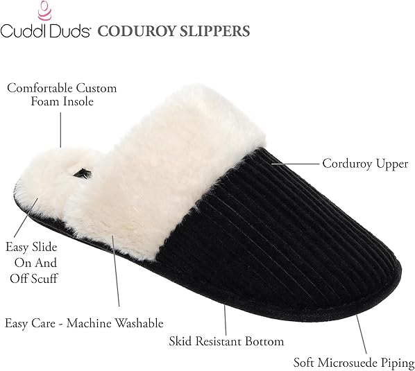 cuddl duds women indoor corduroy foam insole cozy faux fur lining clog slip on slipper house shoes with skid resistant bottom cuddl duds women indoor corduroy foam insole cozy faux fur lining clog slip on slipper house shoes with skid resistant bottom